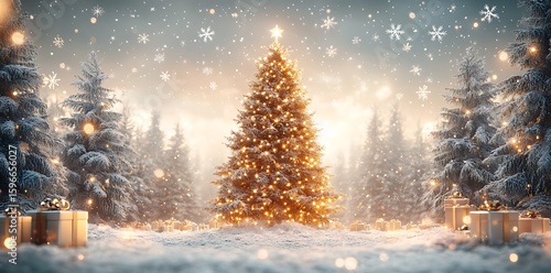 Snowy forest decorated Christmas tree with gifts lights snowflakes