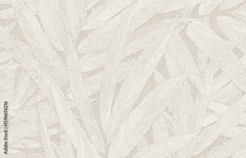 Seamless beige halftone pattern of overlapping tropical leaves with vintage botanical engraving texture.