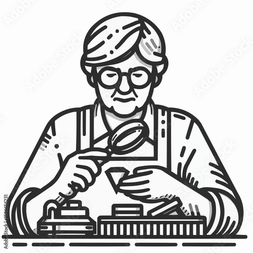 Skilled elderly craftsman examining metal part with magnifying glass at workbench