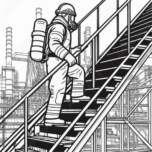 Worker in protective gear climbing stairs at metallurgical plant with industrial background