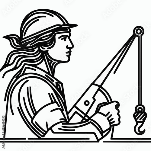 Construction worker with long hair and helmet operating pulley system with crane hook