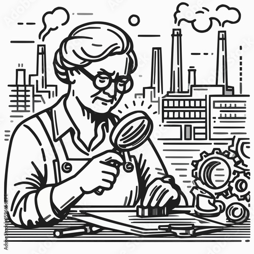 Senior female metallurgist examining metal piece with magnifying glass in industrial setting