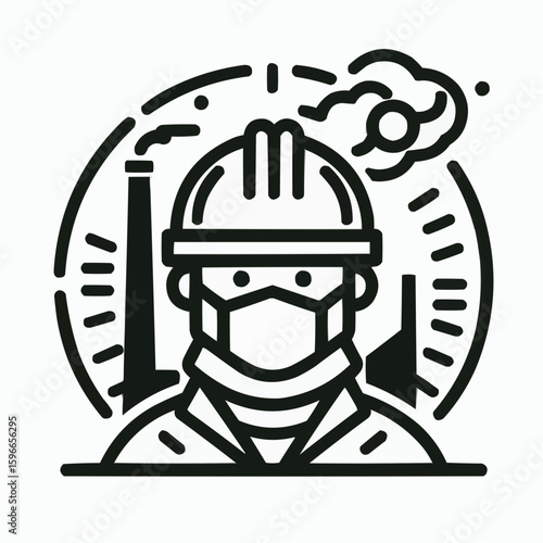 Industrial worker wearing helmet and mask with serious expression in factory setting