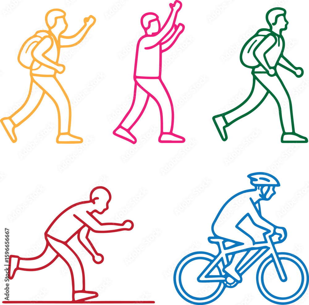 Obraz premium Minimalist stick figure icon set for human activities vector bundle.