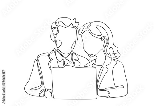 Continuous one line drawing businessman and woman having a discussion. Business activities concept. Single line draw design vector graphic illustration.Hand drawn one line vector. Editable stroke	