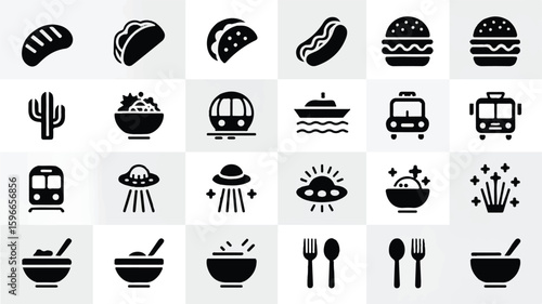A set of 25 black and white icons arranged in a 5x5 grid format. The top row shows food items a curved bread loaf, a sandwich, a taco, a hot dog, and a hamburge