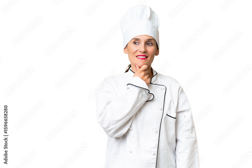 Middle-aged chef woman over isolated background looking to the side Middle-aged chef woman over isolated background looking to the side