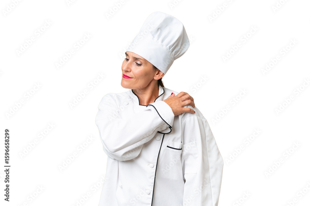 Middle-aged chef woman over isolated background suffering from pain in shoulder for having made an effort Middle-aged chef woman over isolated background suffering from pain in shoulder for having made an effort