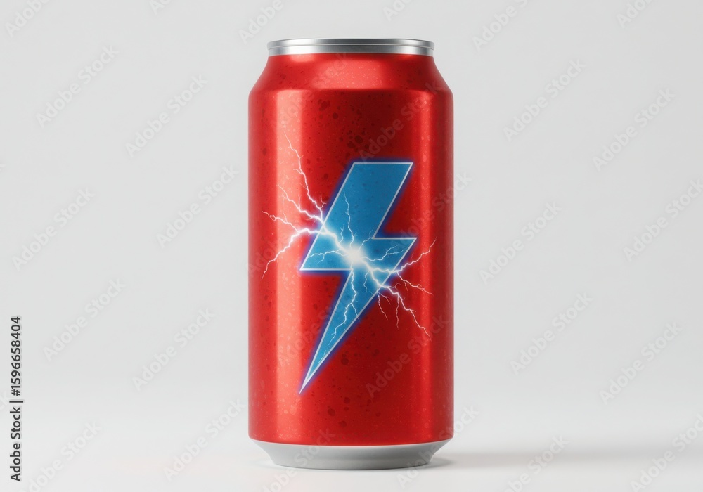 Fototapeta premium Red energy drink can with blue lightning bolt symbol isolated on white background