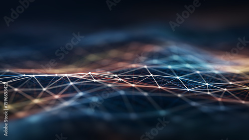 Futuristic digital network connection grid on dark background – abstract data communication and AI technology concept