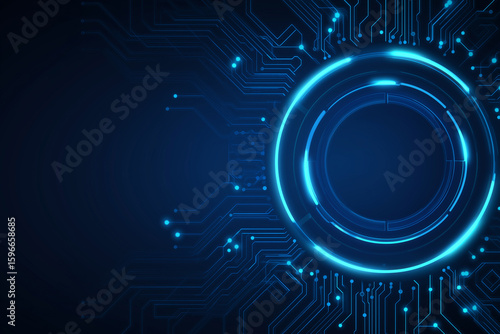 A futuristic AI tech banner features a glowing circuit board on a blue background with a central button, ideal as a digital vector design for web posters or modern presentations.