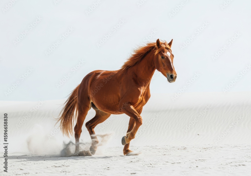 Majestic chestnut horse galloping through sand dunes isolated on white background Majestic chestnut horse galloping through sand dunes isolated on white background