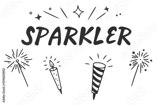 Hand Drawn Sparkler Illustration with Festive Elements and Text on Transparent Background This hand drawn illustration