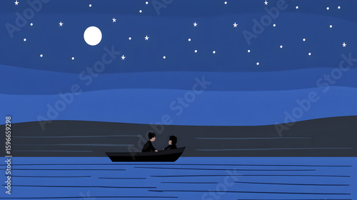 Boy exaploring the starry night sea with a glowing boat, digital art illustration