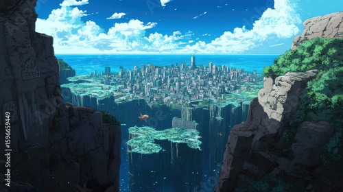 Vast, stylized city nestled within a chasm, a vibrant, fantastical landscape.