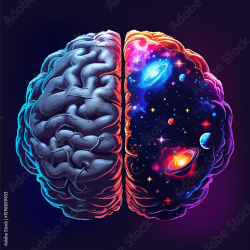 The human brain isolated on dark background.  The left hemisphere of the brain is realistic, consists of gray tissue, neurons, blood vessels.  The right hemisphere is  Galaxy with stars, planets. Conc