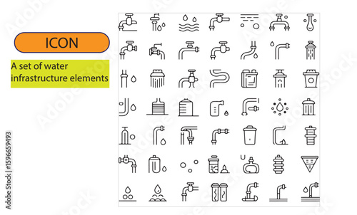 A set of water infrastructure elements line art  icon