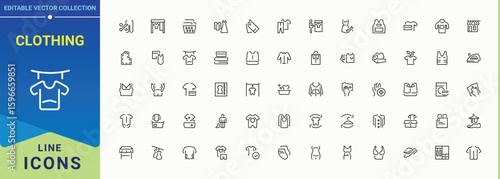 Clothing vector line icon set. Wear icon set. Minimalist editable vector stroke. Contains such symbols as apparel, clothes, wear, textile, dress, dress and more. Editable stroke.