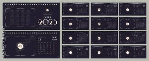 Desktop flip calendar for 2026 in art deco style. Template for branded souvenirs, copy space. Set of 12 pages and cover. Horizontal, 210x100mm, English.