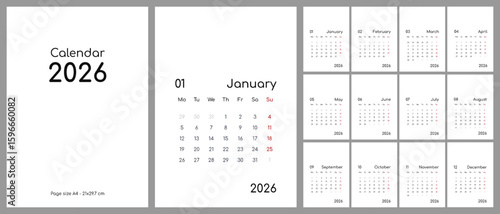 The calendar for 2026. The vertical calendar template with copy space. 12 pages and cover, A4, black and white, English.