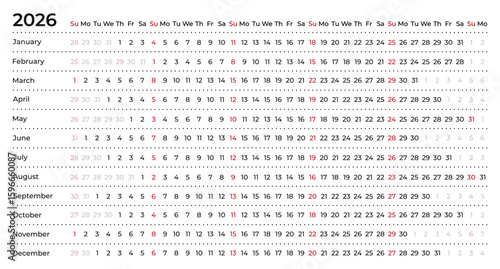 Linear calendar for 2026. Horizontal, week starts on Sunday, English, black and white.
