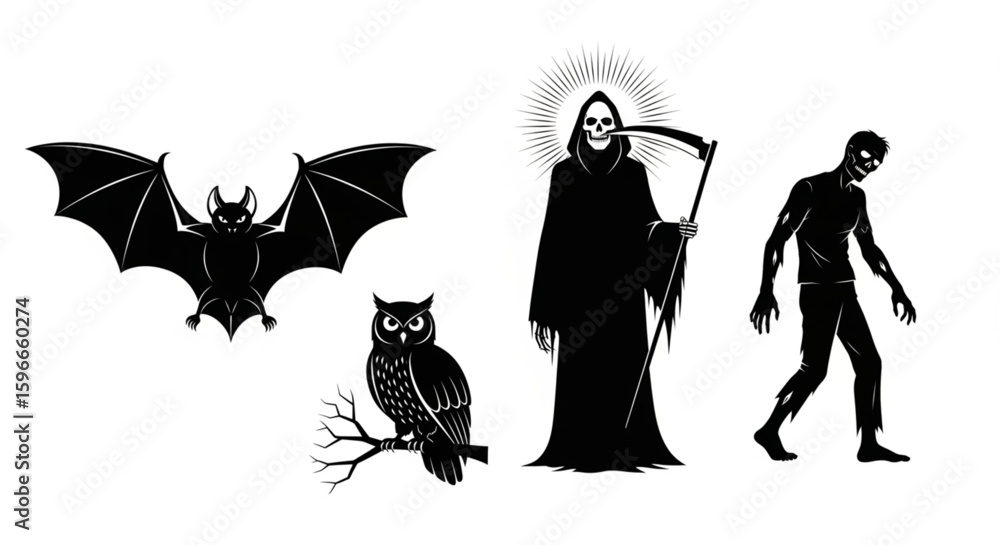 Obraz premium Flat Design Black Silhouette Halloween Icons Bat, Grim Reaper, Zombie, Owl on White Background