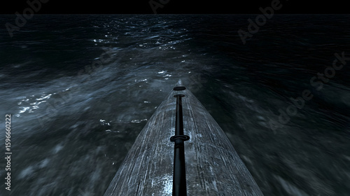 Boy exaploring the starry night sea with a glowing boat, digital art illustration