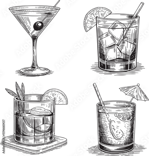 Hand drawn style Alcoholic cocktail set isolated on transparent background