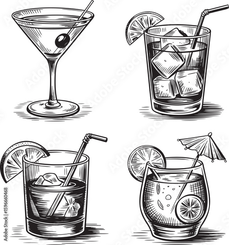 Hand drawn style Alcoholic cocktail set isolated on transparent background
