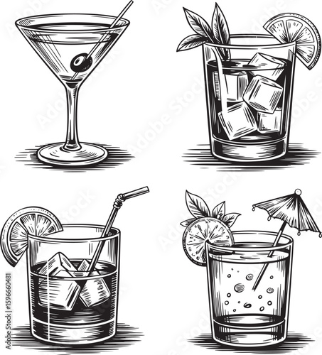 Hand drawn style Alcoholic cocktail set isolated on transparent background