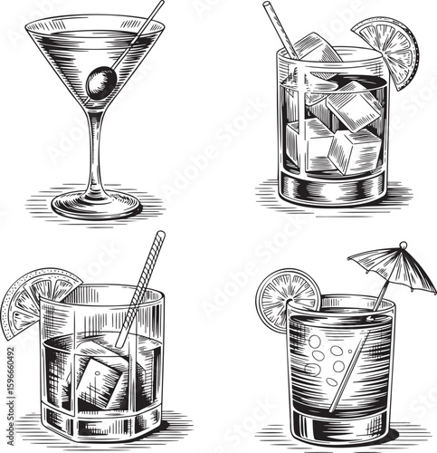 Hand drawn style Alcoholic cocktail set isolated on transparent background