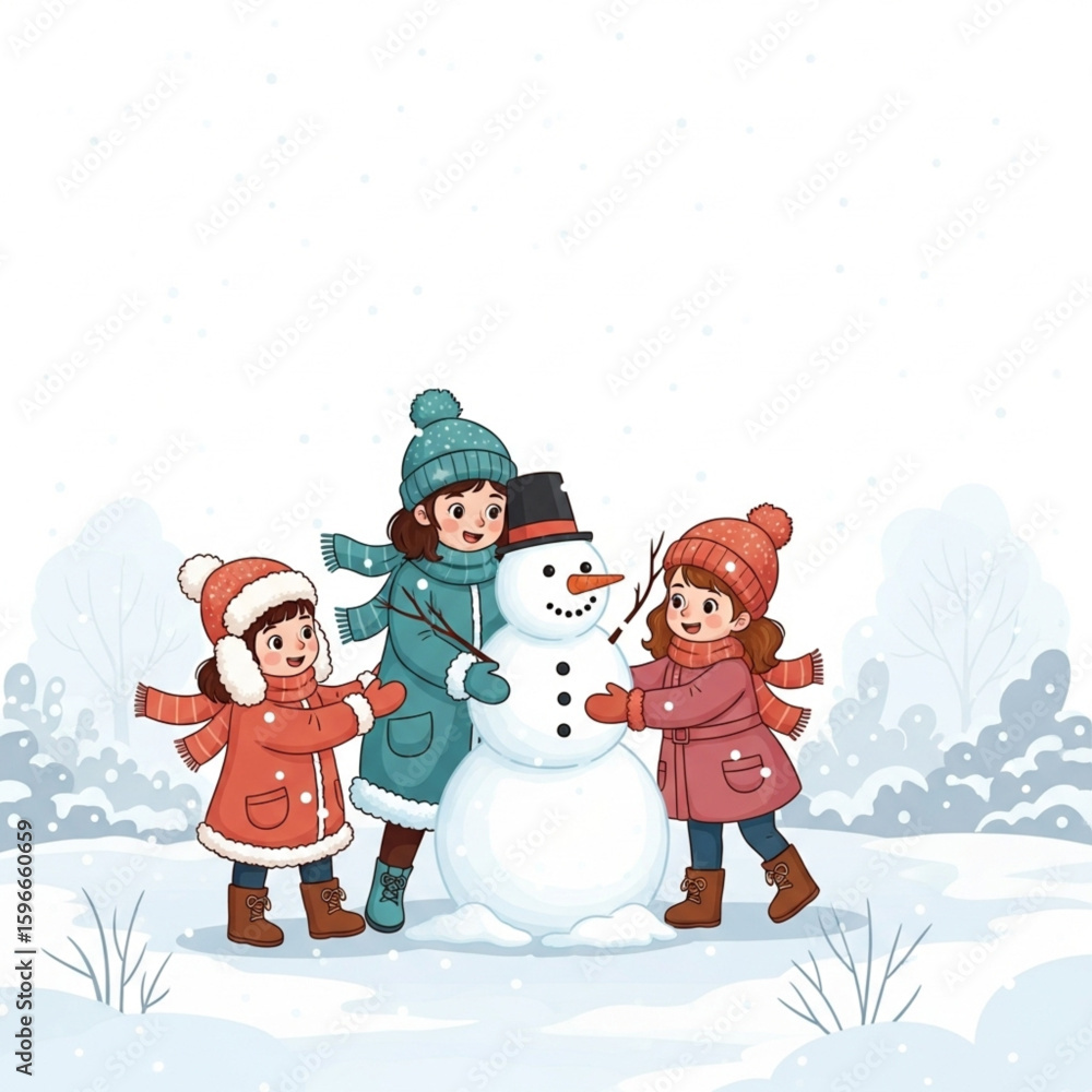 Naklejka premium Flat Illustration of Children Building a Snowman in Winter Yard with Falling Snow