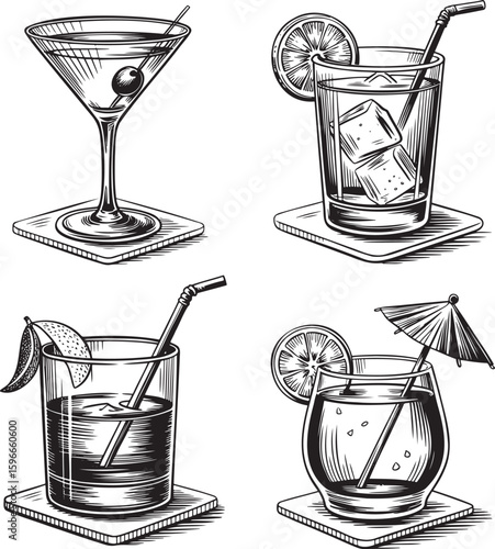 Hand drawn style Alcoholic cocktail set isolated on transparent background