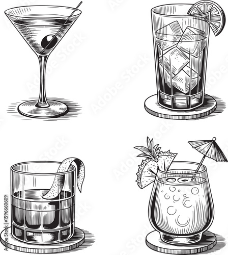Hand drawn style Alcoholic cocktail set isolated on transparent background