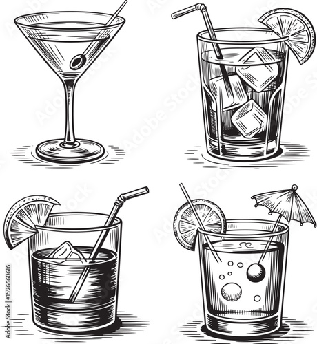 Hand drawn style Alcoholic cocktail set isolated on transparent background