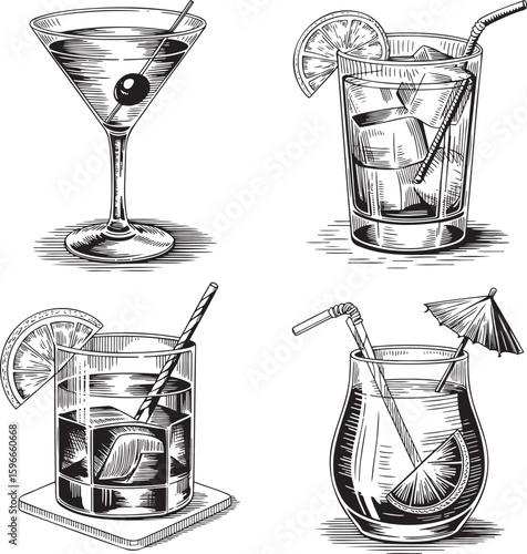 Hand drawn style Alcoholic cocktail set isolated on transparent background