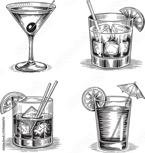 Hand drawn style Alcoholic cocktail set isolated on transparent background