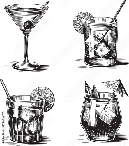 Hand drawn style Alcoholic cocktail set isolated on transparent background