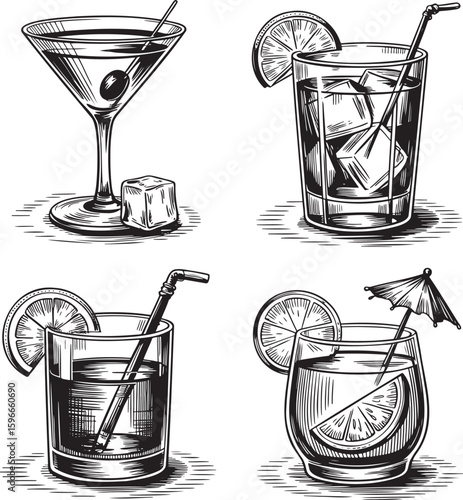 Hand drawn style Alcoholic cocktail set isolated on transparent background