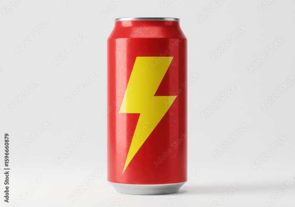 Fototapeta premium Red energy drink can with yellow lightning bolt symbol isolated on white background