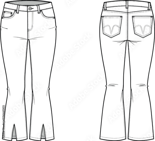 CAD flat vector illustration of women’s flared jeans with front slit hem, back pocket embroidery, topstitching, fashion technical sketch