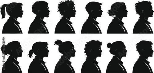 Diverse people profiles facing right in silhouette black white