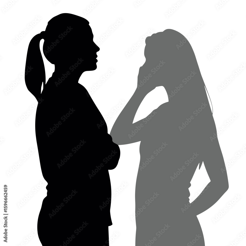 Silhouette of two women talking and whispering to self, self-compassion Silhouette of two women talking and whispering to self, self-compassion