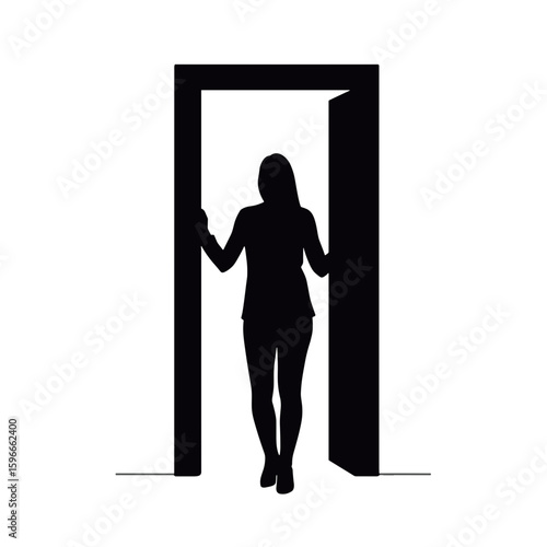 Silhouette of woman standing in doorway symbolizing new beginnings and concept of psychological support, psychotherapy, counseling, self-improvement  