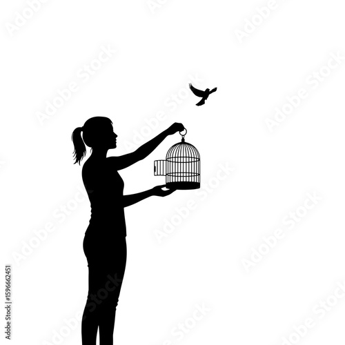 Woman releasing bird from cage, concept of psychological support, therapy  