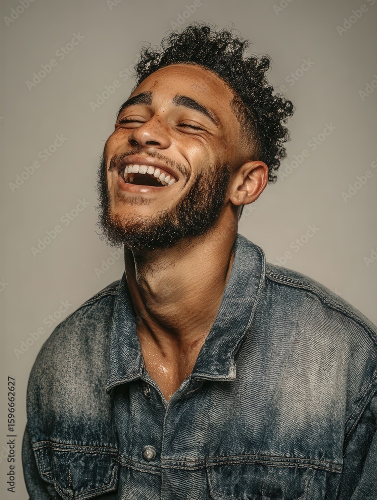 Obraz premium Happy Man Laughing with Joyful Expression in Casual Denim Jacket