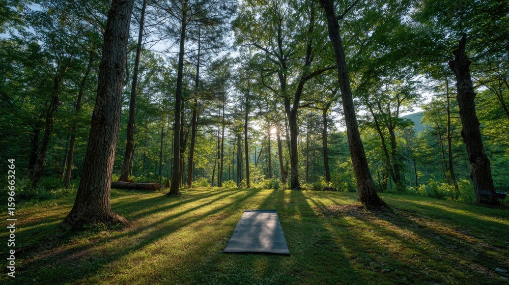 Naklejka premium Yoga Mat in Sun Dappled Forest Clearing