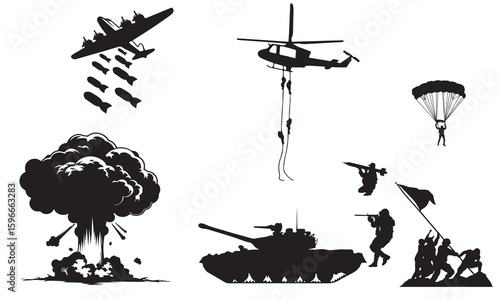 Military War Concept Vector Silhouettes – Army Tank, Soldiers, Explosion, Helicopter, and Parachute Scene. 