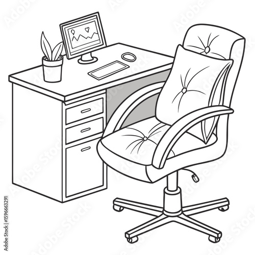 An office desk with a computer and chair