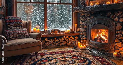 Cozy winter fireplace living room